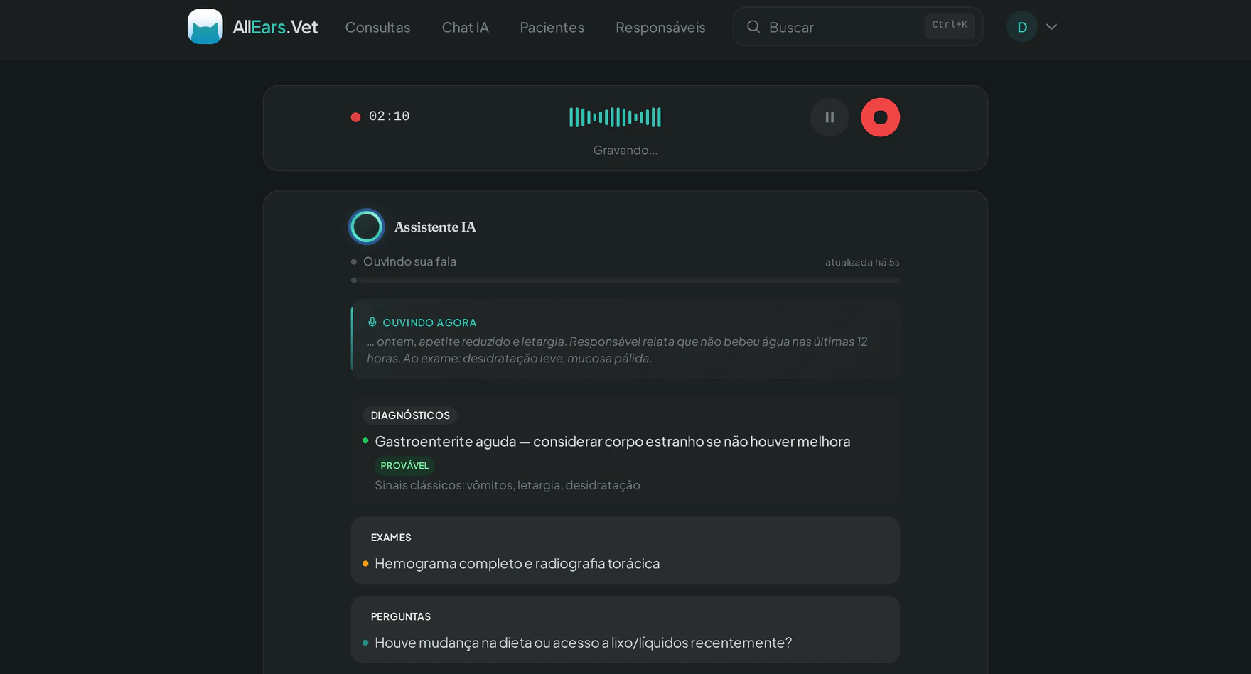 Tela do AllEars.Vet no navegador desktop com o chat clínico, histórico do paciente e prontuário lado a lado.