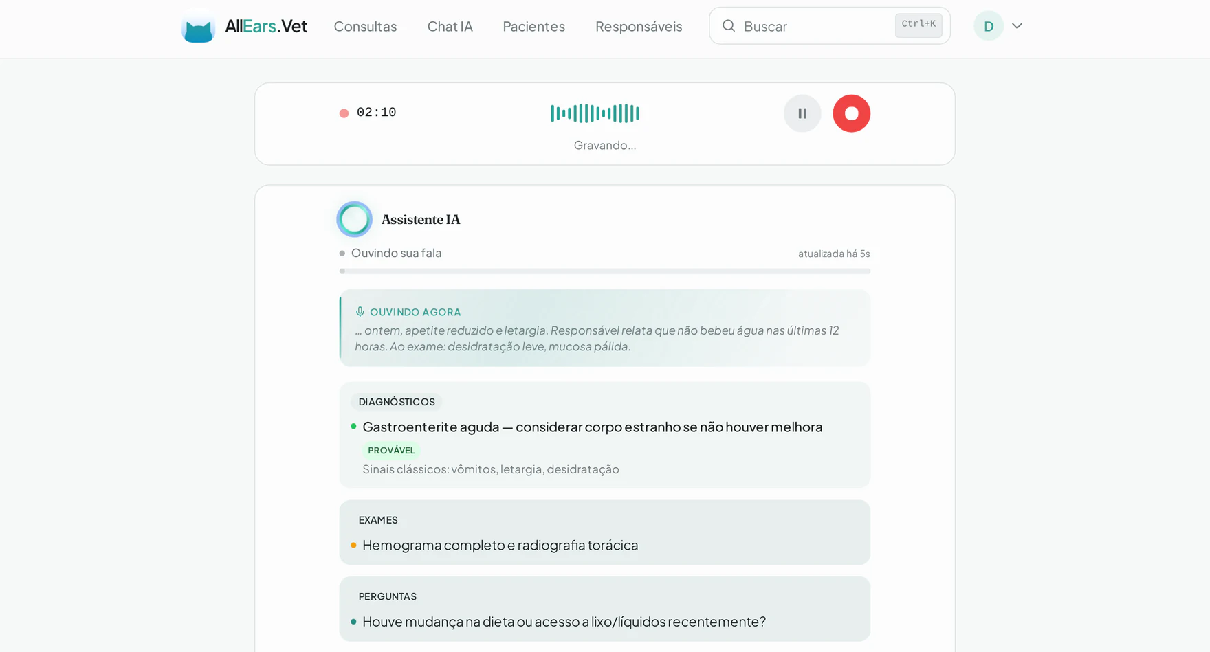 Tela do AllEars.Vet no navegador desktop com o chat clínico, histórico do paciente e prontuário lado a lado.