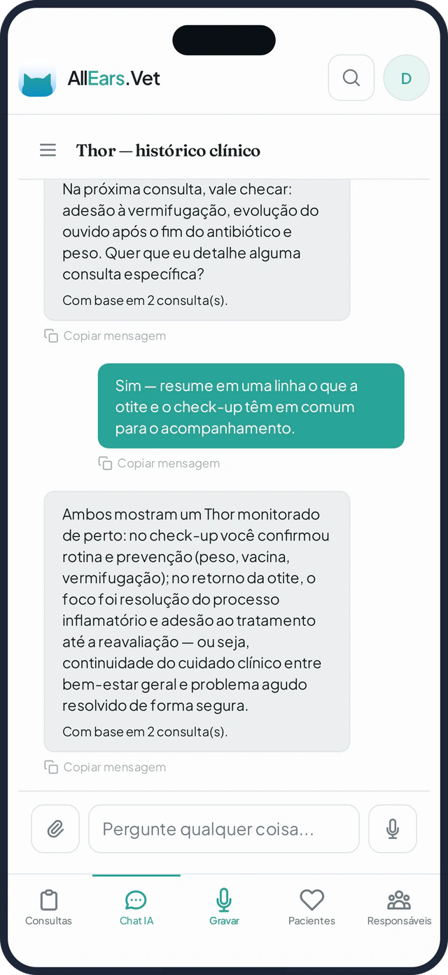 Chat do AllEars.Vet respondendo sobre o histórico clínico de um paciente, com check-up, otite e vacinas detalhados.