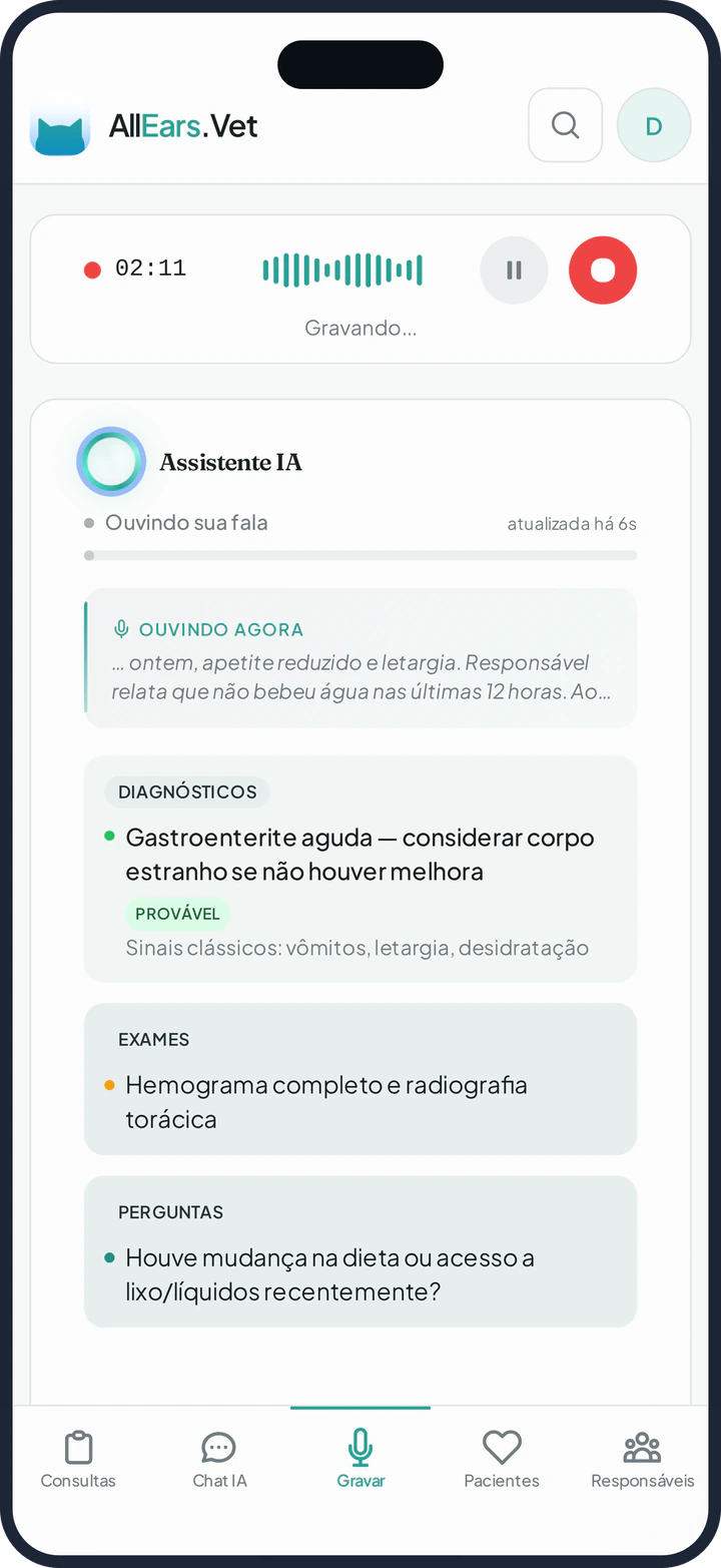 Tela do AllEars.Vet no celular durante uma consulta — gravação ao vivo, transcrição e sugestões de IA.
